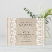 White Lace & Burlap Vrijgezellenfeest Party Invite Kaart (Staand voorkant)