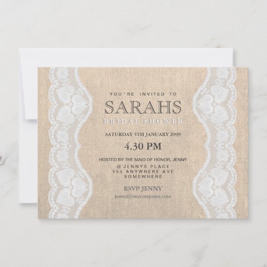 White Lace & Burlap Vrijgezellenfeest Party Invite Kaart (Voorkant)
