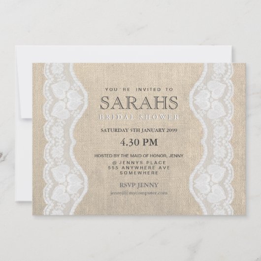 White Lace & Burlap Vrijgezellenfeest Party Invite Kaart (Voorkant)