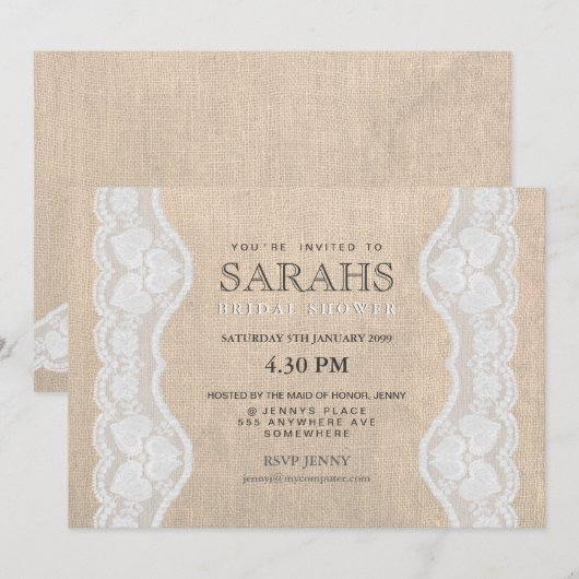 White Lace & Burlap Vrijgezellenfeest Party Invite Kaart (Voorkant / Achterkant)