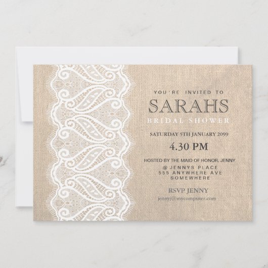White Lace & Burlap Vrijgezellenfeest Party Invite Kaart (Voorkant)