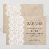 White Lace & Burlap Vrijgezellenfeest Party Invite Kaart (Voorkant / Achterkant)