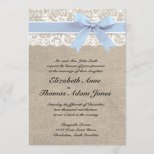 White Lace Burlap Wedding Invitation - Baby Blue Kaart