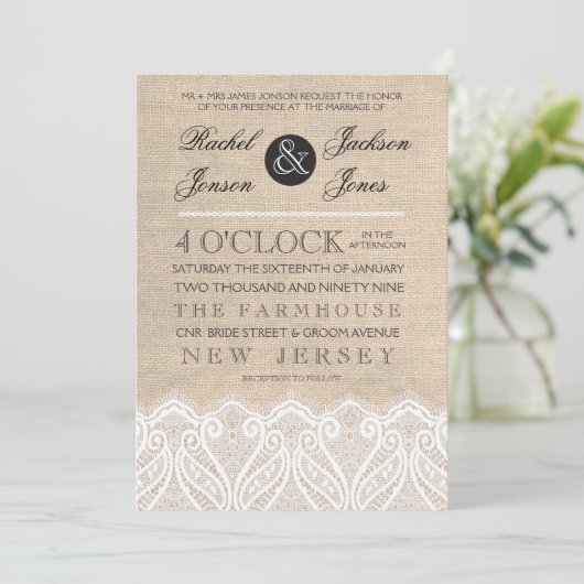  White Lace & Burlap Wedding Invitation Kaart (Staand voorkant)