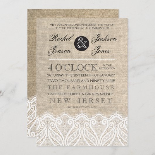White Lace & Burlap Wedding Invitation Kaart (Voorkant / Achterkant)