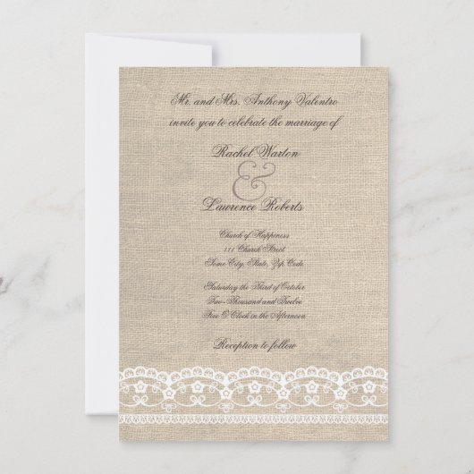  White Lace & Burlap Wedding Invitation Kaart (Achterkant)