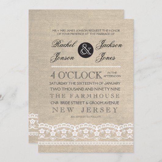  White Lace & Burlap Wedding Invitation Kaart (Voorkant / Achterkant)