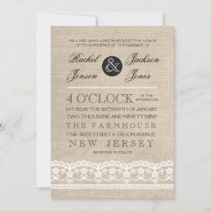  White Lace & Burlap Wedding Invitation Kaart