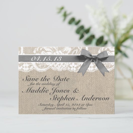 White Lace & Burlap Wedding Save the Date (Staand voorkant)