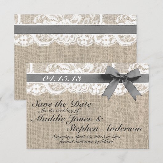 White Lace & Burlap Wedding Save the Date (Voorkant / Achterkant)