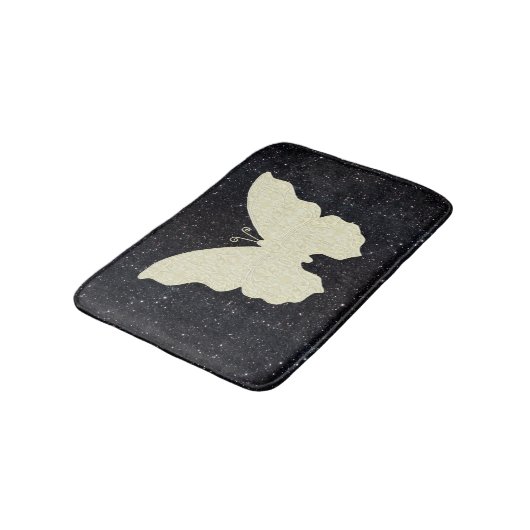 White Lace Butterfly on Black Glitter Bath Mat (Gekanteld)