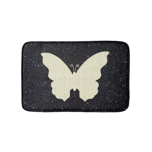 White Lace Butterfly on Black Glitter Bath Mat (Voorkant)