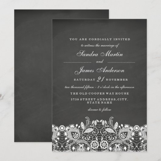 White Lace Chalkboard Huwelijksuitnodiging Kaart (Voorkant / Achterkant)