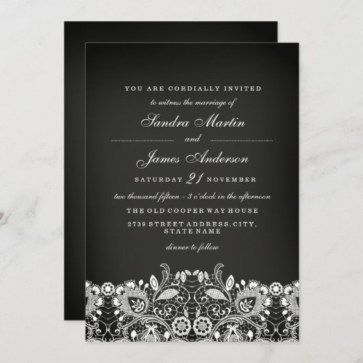 White Lace Chalkboard Wedding Invite Kaart (Voorkant / Achterkant)