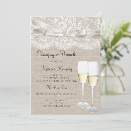 White  Lace Champagne Brunch Invite Kaart (Staand voorkant)