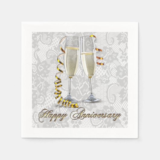 White Lace Champagne Flute Jubileum Napkins Servetten (Voorkant)