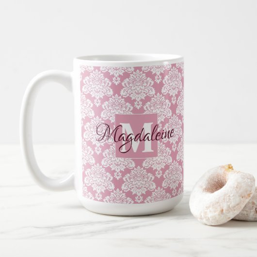 White Lace Damask on Dusty Roos Name & Monogram Koffiemok (Met donut)
