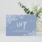 White Lace Dusty Blue Elegant Calligraphy Wedding RSVP Kaartje (Staand voorkant)