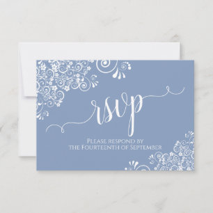 White Lace Dusty Blue Elegant Calligraphy Wedding RSVP Kaartje
