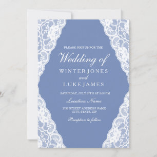 White Lace Dusty Blue Elegant Wedding Invite Kaart