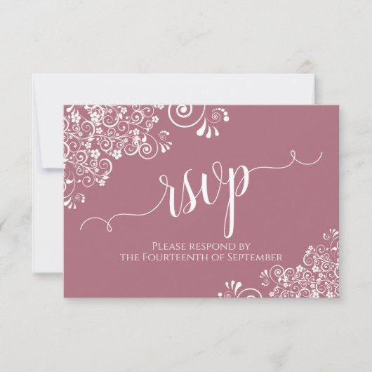 White Lace Dusty Roos Elegant Calligraphy Wedding RSVP Kaartje (Voorkant)