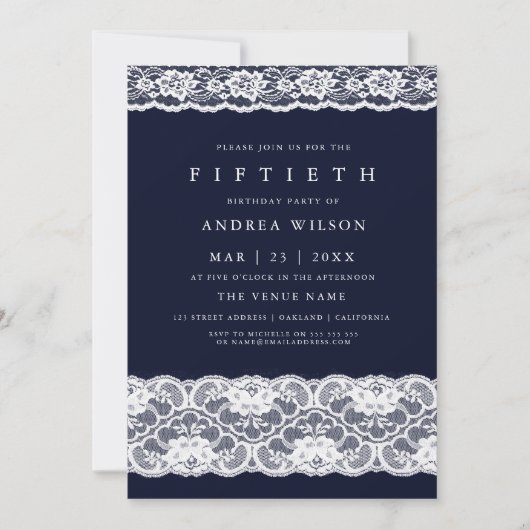 White Lace Elegant Navy Blue 50th Birthday Invite Kaart (Voorkant)