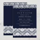 White Lace Elegant Navy Blue 50th Birthday Invite Kaart (Voorkant / Achterkant)