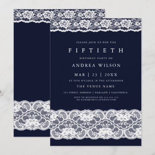 White Lace Elegant Navy Blue 50th Birthday Invite Kaart (Voorkant / Achterkant)