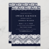 White Lace Elegant Navy Blue Sweet 16 Invite Kaart (Voorkant / Achterkant)