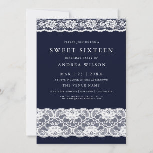 White Lace Elegant Navy Blue Sweet 16 Invite Kaart