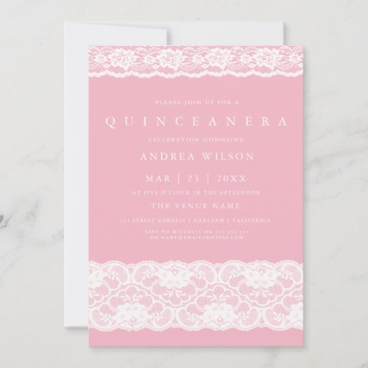 White Lace Elegant Pink Quinceanera Party Invite Kaart (Voorkant)