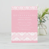 White Lace Elegant Pink Quinceanera Party Invite Kaart (Staand voorkant)