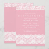 White Lace Elegant Pink Quinceanera Party Invite Kaart (Voorkant / Achterkant)