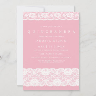 White Lace Elegant Pink Quinceanera Party Invite Kaart