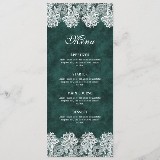 White Lace Emerald Green Faux Velvet Classic Menu (Voorkant)