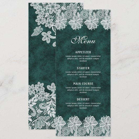 White Lace Emerald Green Faux Velvet Classic Menu (Voorkant / Achterkant)