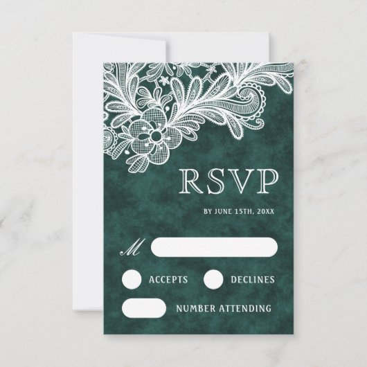 White Lace Emerald Green Velvet Wedding RSVP Kaart (Voorkant)
