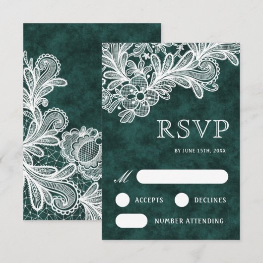 White Lace Emerald Green Velvet Wedding RSVP Kaart (Voorkant / Achterkant)