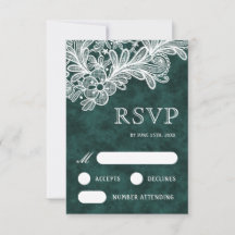 White Lace Emerald Green Velvet Wedding RSVP Kaart
