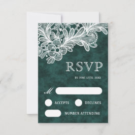 White Lace Emerald Green Velvet Wedding RSVP Kaart