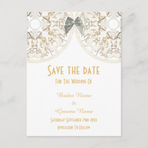 White lace filigree damask save the date aankondigingskaart