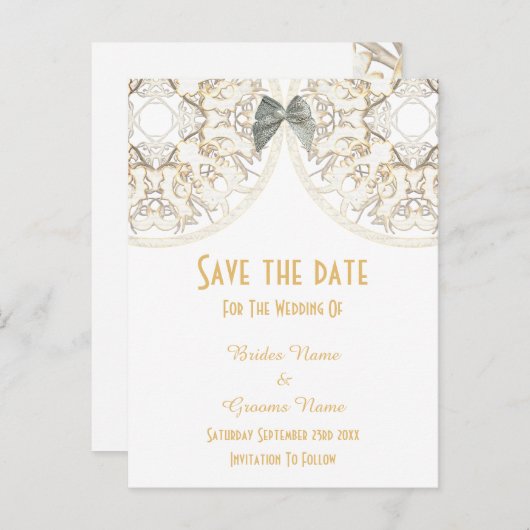White lace filigree damask save the date aankondigingskaart (Voorkant / Achterkant)