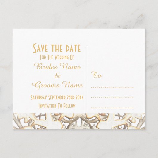 White lace filigree damask save the date aankondigingskaart (Achterkant)