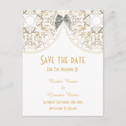 White lace filigree damask save the date aankondigingskaart (Voorkant)