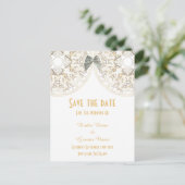 White lace filigree damask save the date aankondigingskaart (Staand voorkant)