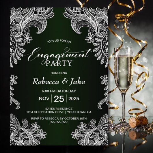 White Lace Green Engagement Party Kaart