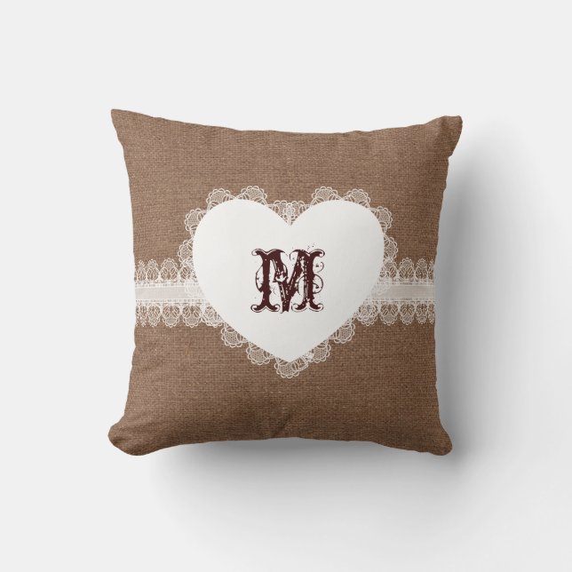 White Lace Heart Monogram on Burlap - Shabby Chic Kussen (Voorkant)