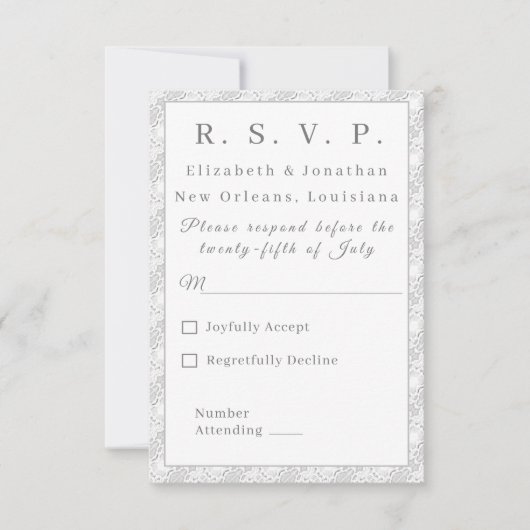 White Lace katholieke monogrammed-reactiekaart (Voorkant)