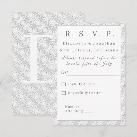 White Lace katholieke monogrammed-reactiekaart RSVP Kaartje (Voorkant / Achterkant)