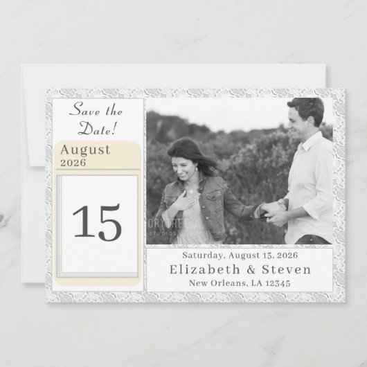 White Lace katholieke monogrammed Save The Date (Voorkant)
